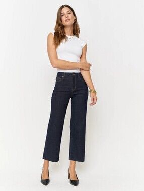 Oliver Logan Aberdeen Wide Leg Crop Jeans Dark Denim Raw Hem Size 29